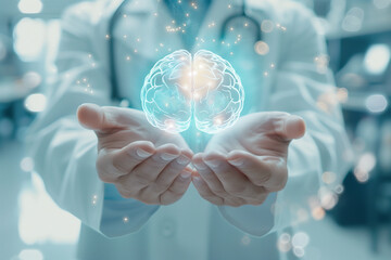 Doctor in White Coat Holding Glowing Holographic Model of Brain: Physician Offering Advanced Medical Diagnosis Concept.