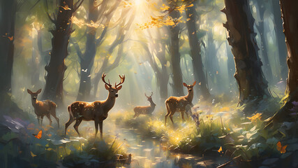 deer portrait sunset in the forest - obrazy, fototapety, plakaty