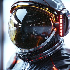 closeup of a space suits helmet visor with augmented reality