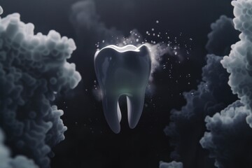 Floating tooth emitting smoke, surreal concept of dental health and hygiene in a dreamlike setting - obrazy, fototapety, plakaty