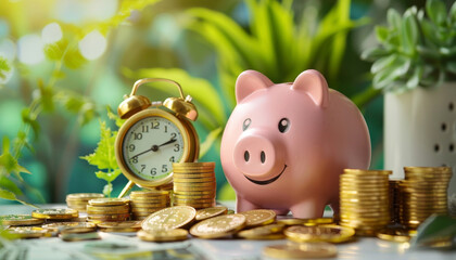 A piggy bank with coins and a clock on top of it by AI generated image