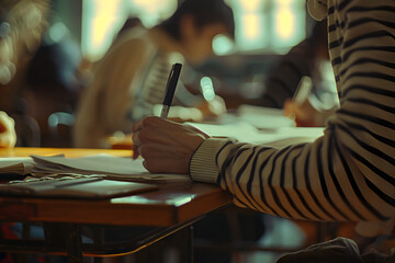 Students focused on exams, intense concentration in a classroom setting