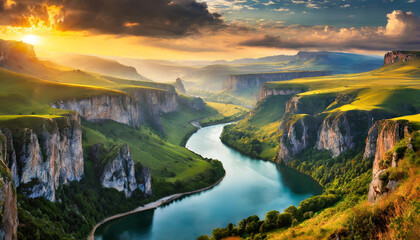 Wonderful landscape with river flowing through gorge. Natural scenery, green meadows and mountains.