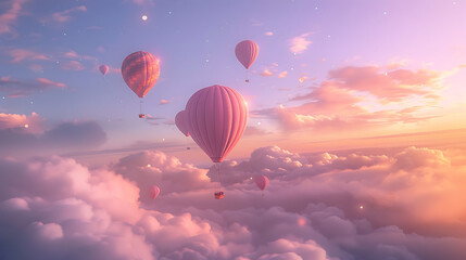 
Sunset Soar
Whimsical hot air balloons rise into a dreamy cotton-candy sky, hearts adrift on the gentle breath of evening. - obrazy, fototapety, plakaty