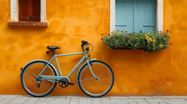 A green vintage bicycle with a basket leans against a weathered brick wall