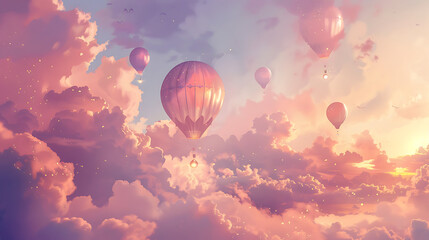 
Sunset Soar
Whimsical hot air balloons rise into a dreamy cotton-candy sky, hearts adrift on the gentle breath of evening. - obrazy, fototapety, plakaty