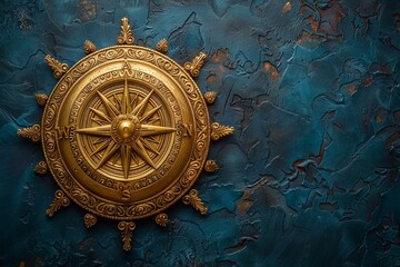 Golden compass clear navy blue background vibrant lighting minimalistic overhead view