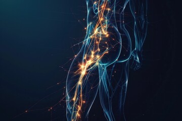 Detailed 3D illustration of human body with glowing nerves against a dark background for medical and scientific concepts