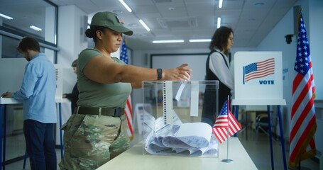 Multiethnic voters or American people vote in booths at polling station. Asian woman and African American female military put bulletins in box. National Election Day in the United States. Civic duty.