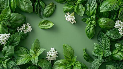 This botanical tapestry of mint and basil leaves interspersed with delicate white flowers exudes a...