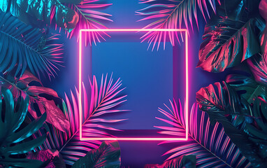 Neon creative fluorescent square frame color layout with tropical leaves background. Flat lay nature concept. generative ai