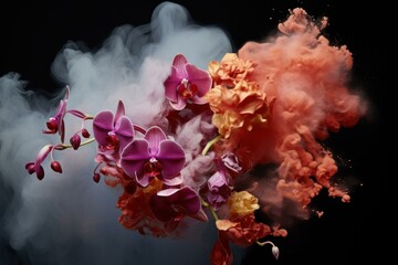 Mesmerizing Orchids flower smoke. Bloom petal. Generate Ai