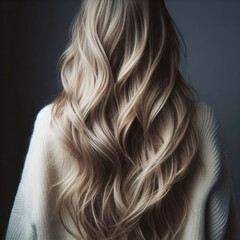Fototapeta premium Long blonde hair at the back, platinum blonde color. Hair coloring, stylist skills
