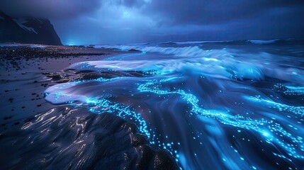 timelapse of bioluminescent waves on a remote beach - obrazy, fototapety, plakaty