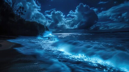 timelapse of bioluminescent waves on a remote beach - obrazy, fototapety, plakaty