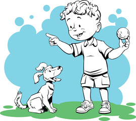 Boy playing with his dog.
Color Vector illustration of a cartoon boy playing with his dog and holding little ball.
