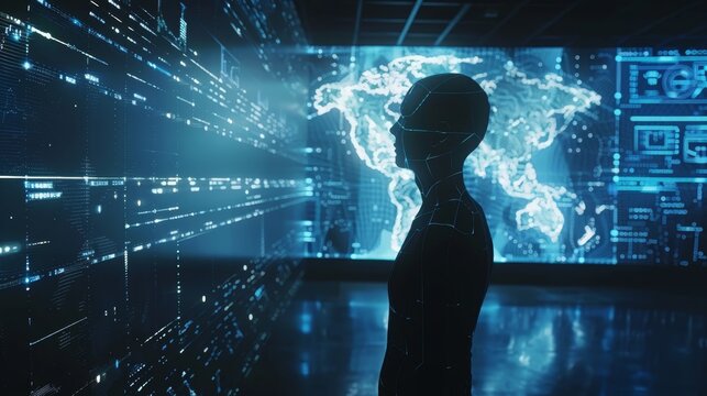 A man stands in front of a large screen that displays a map of the world. The man is looking at the screen with a sense of wonder and curiosity. Concept of exploration and discovery