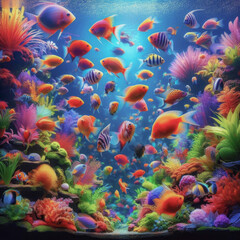 Fototapeta premium Vibrant Multicolored Small Fish Swimming in Aquarium