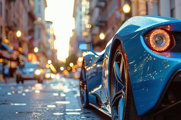 Vibrant blue sports car clear city street minimal traffic clear focus low angle