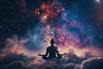 breathtaking double exposure photograph blending the grace of a yoga lotus pose meditation with the cosmic splendor of a nebula galaxy background, inviting viewers on a journey of