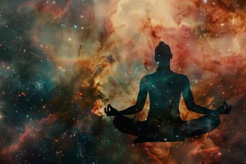 Fototapeta na wymiar extraordinary double exposure photograph combining the intimate close-up of a yoga lotus pose meditation with the majestic hues of a nebula galaxy background, merging earthly seren