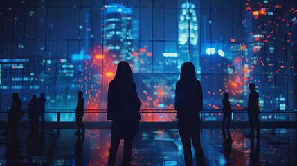 A group of people are standing in a large room with a city view. The people are silhouetted against the bright lights of the city. Scene is one of awe and wonder at the beauty of the cityscape
