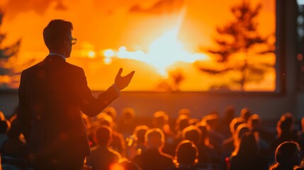 A man stands in front of a crowd of people, giving a speech. The sun is setting in the background, casting a warm glow over the scene. The audience is attentive and engaged