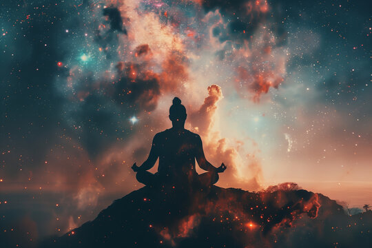 double exposure image showcasing the symbiotic relationship between the peaceful lotus pose meditation and the vast expanse of a nebula galaxy background, inviting viewers to explo