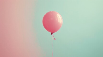 Pink balloon floating in the air with pink ribbon on blue and pink background