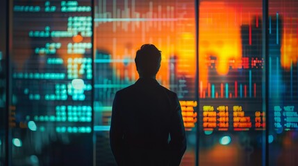 A man is looking at a computer screen with a lot of numbers and graphs. Concept of focus and concentration as the man stares at the screen - obrazy, fototapety, plakaty