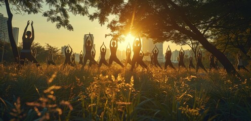 A group of people are practicing yoga in a field. The sun is setting in the background, creating a warm and peaceful atmosphere