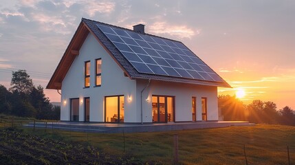 house in the usa with solar panels, at sundown. ai generated