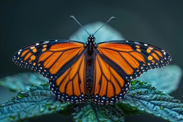 Orange monarch butterfly clear green leaf vibrant color contrast minimal background close view
