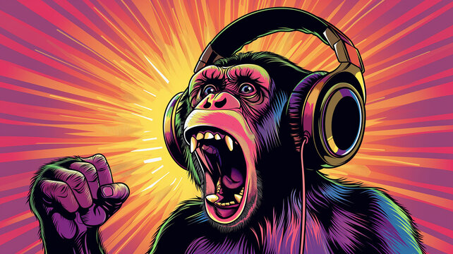 Wow pop art Cute monkey in thin headphones joyfully shouts. Colorful background in pop art retro comic style.