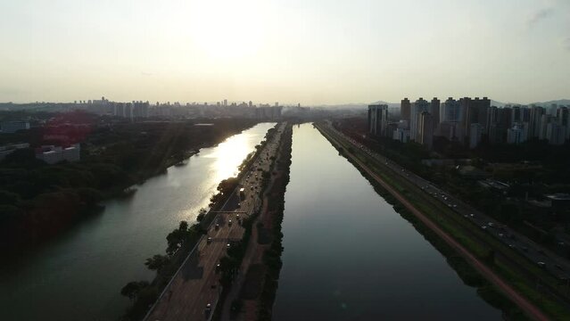 Aerial view of Marginal Pinheiros in S&atilde;o Paulo city, Sunset drone shot, This image is perfect for projects related to events, travel, journalism, real estate