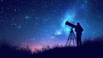 A man is standing in a field with a telescope, looking up at the stars. The sky is dark and the stars are shining brightly. Scene is peaceful and contemplative - obrazy, fototapety, plakaty