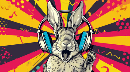 Wow pop art Cute rabbit in thin headphones joyfully shouts. Colorful background in pop art retro comic style.