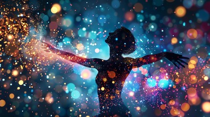 A woman is dancing in the air with a lot of sparkles around her. The image has a dreamy and ethereal feel to it, as if the woman is floating in a magical world - obrazy, fototapety, plakaty