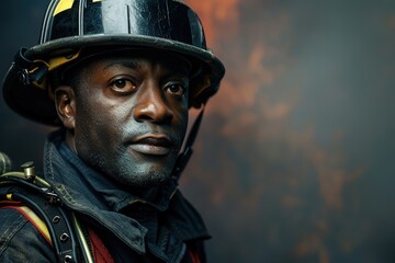 Portrait of a brave firefighter with a helmet against fire backdrop.