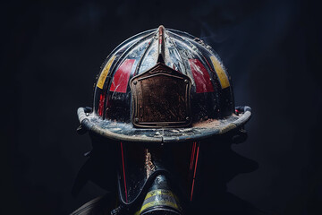 A close-up of a worn firefighter helmet against a dark background, showing signs of use and resilience. - obrazy, fototapety, plakaty