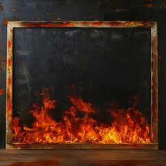 Burning Frame Engulfed in Flames.  a black board background,  free space for text.