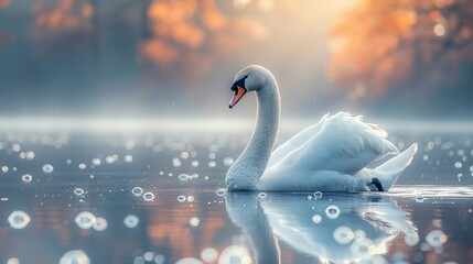 Elegant white swan in lake vibrant water reflection minimal ripples clear focus side view - obrazy, fototapety, plakaty