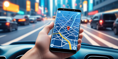 Point on smartphone with gps navigator icon and map on blur traffic road abstract background