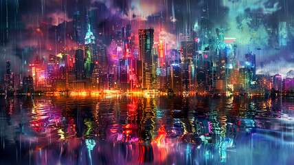 A hyperrealistic portrayal of a city skyline reflecting the vibrant colors of a neon-lit cityscape during a heavy downpour associated with La Nina.