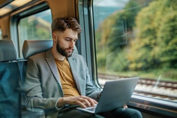 Bearded man working on a laptop while sitting on a train, looking focused and concentrated