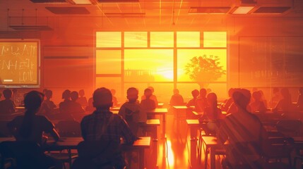 A classroom with a large window that is letting in the sun. The sun is shining through the window and casting a warm glow on the students. The students are sitting at their desks - obrazy, fototapety, plakaty