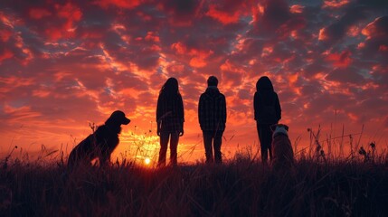 A group of people and their dog are standing in a field at sunset. The sky is filled with clouds and the sun is setting, creating a warm and peaceful atmosphere