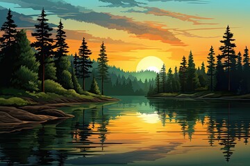 Sunrise in the Forest with Pine Trees Reflecting in a River, Green Nature at Sunset Golden Hour Morning Landscape Background - obrazy, fototapety, plakaty