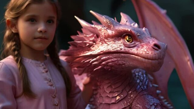 girl shimmering dress pink holding baby dragon