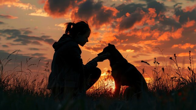 A woman is kneeling down in a field with a dog. The sky is orange and the grass is tall